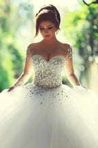 Luxury Long Ball Gown Sweetheart Crystals Beading Wedding Dresses with Sleeves by BIZTUNNEL
