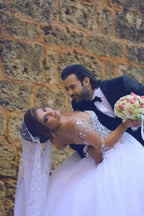 Luxury Long Ball Gown Sweetheart Crystals Beading Wedding Dresses with Sleeves by BIZTUNNEL
