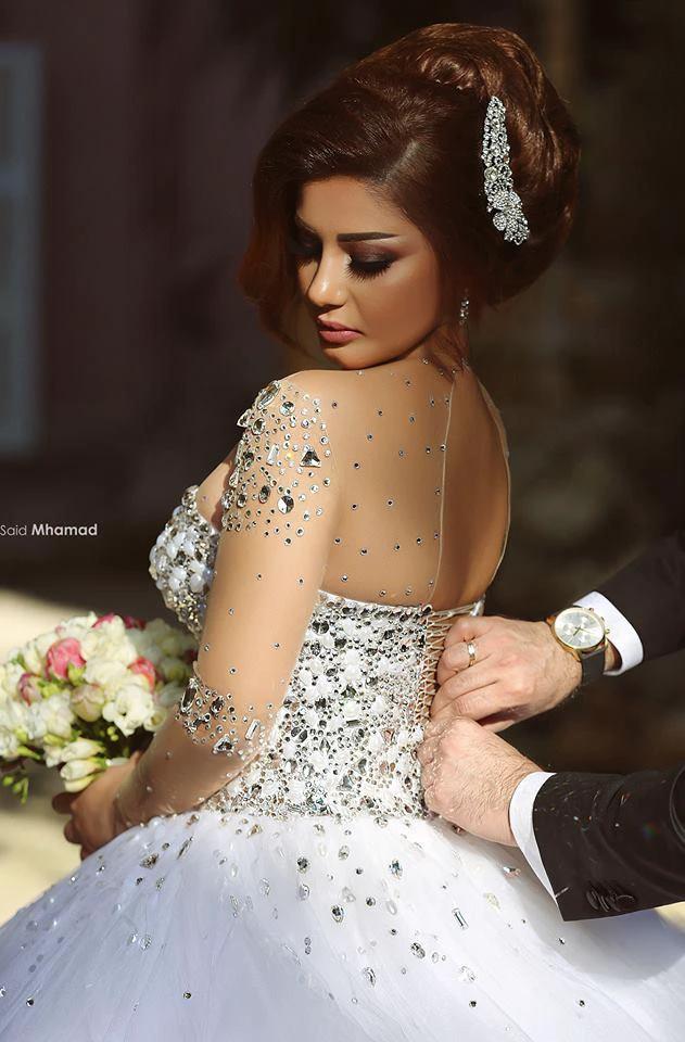 Luxury Long Ball Gown Sweetheart Crystals Beading Wedding Dresses with Sleeves by BIZTUNNEL