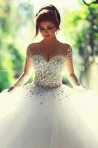 Luxury Long Ball Gown Sweetheart Crystals Beading Wedding Dresses with Sleeves by BIZTUNNEL