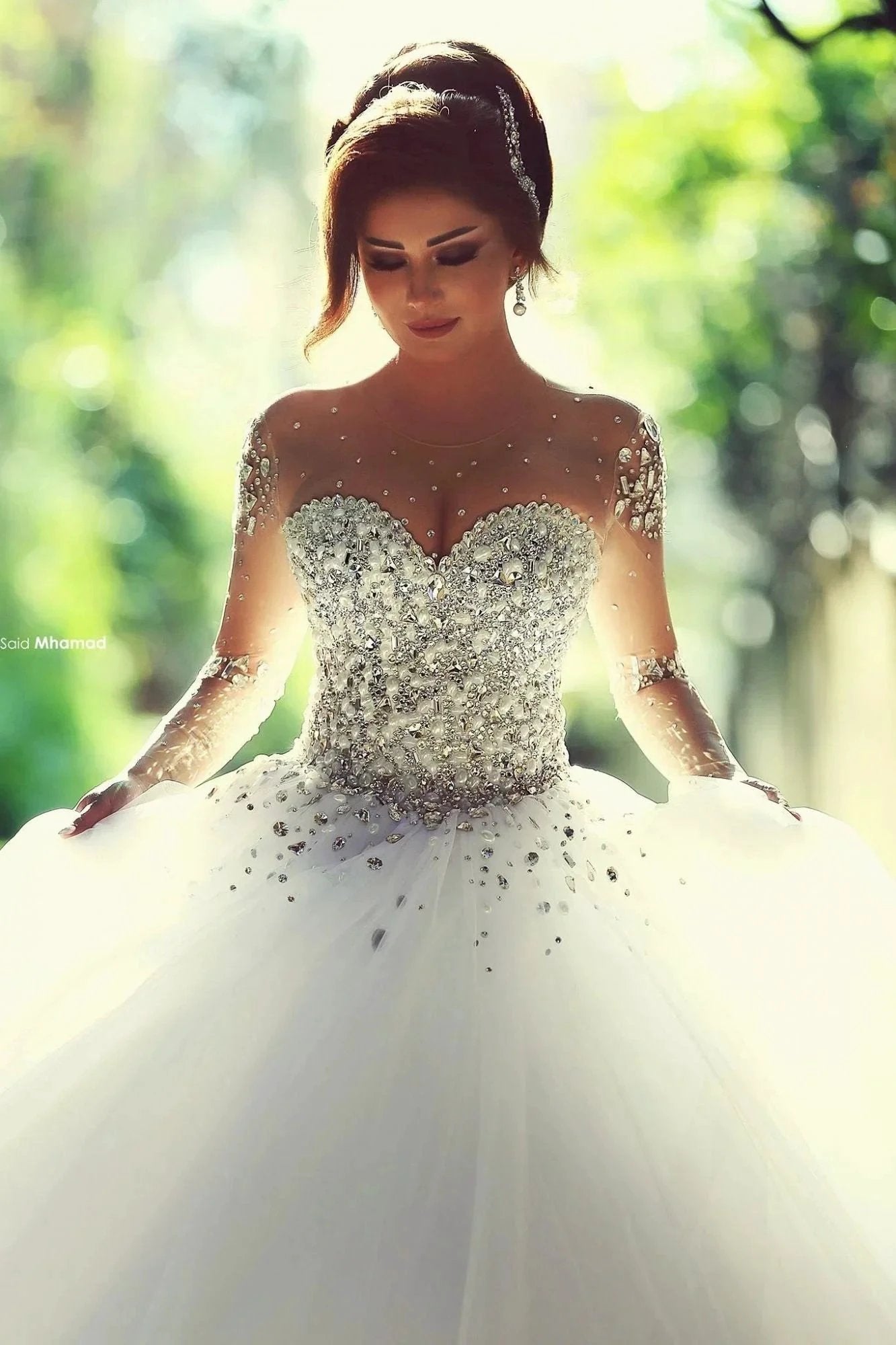Luxury Long Ball Gown Sweetheart Crystals Beading Wedding Dresses with Sleeves by BIZTUNNEL