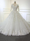 Luxury Long Ball Gown V Neck Lace Wedding Dresses with Sleeves by BIZTUNNEL