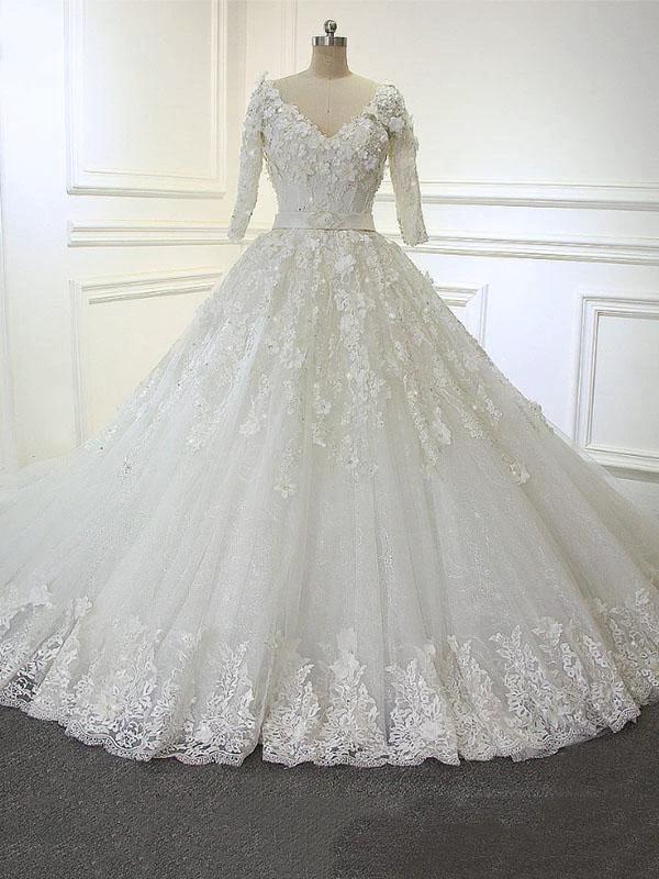 Luxury Long Ball Gown V Neck Lace Wedding Dresses with Sleeves by BIZTUNNEL