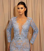 Luxury Long Blue Lace Mermaid Prom Dresses With Sleeves by misshow.com