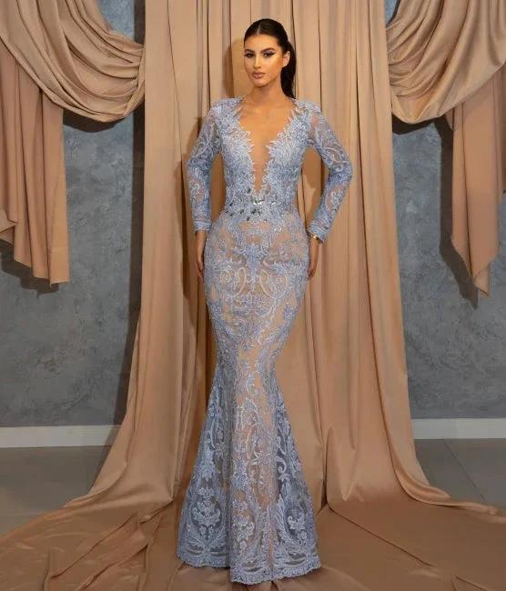 Luxury Long Blue Lace Mermaid Prom Dresses With Sleeves by misshow.com