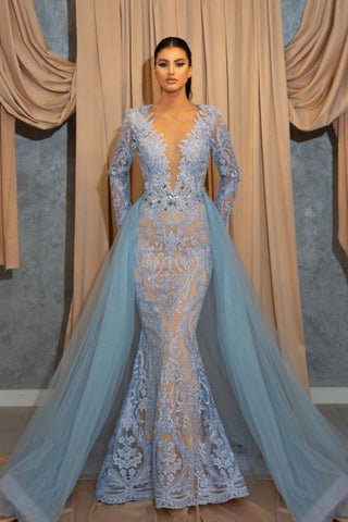 Luxury Long Blue Lace Mermaid Prom Dresses With Sleeves