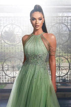 Luxury Long Green Glitter Halter Sleeveless Evening Dresses by misshow.com