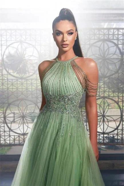 Luxury Long Green Glitter Halter Sleeveless Evening Dresses by misshow.com