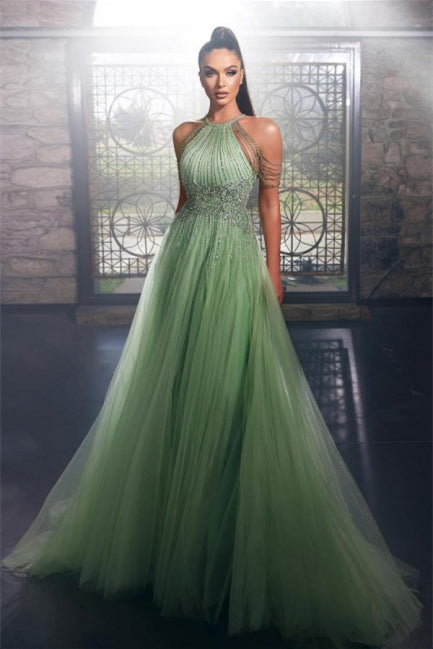 Luxury Long Green Glitter Halter Sleeveless Evening Dresses Hover Image