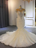 Luxury Long Mermaid Full Beading Lace Tulle Wedding Dresses by BIZTUNNEL