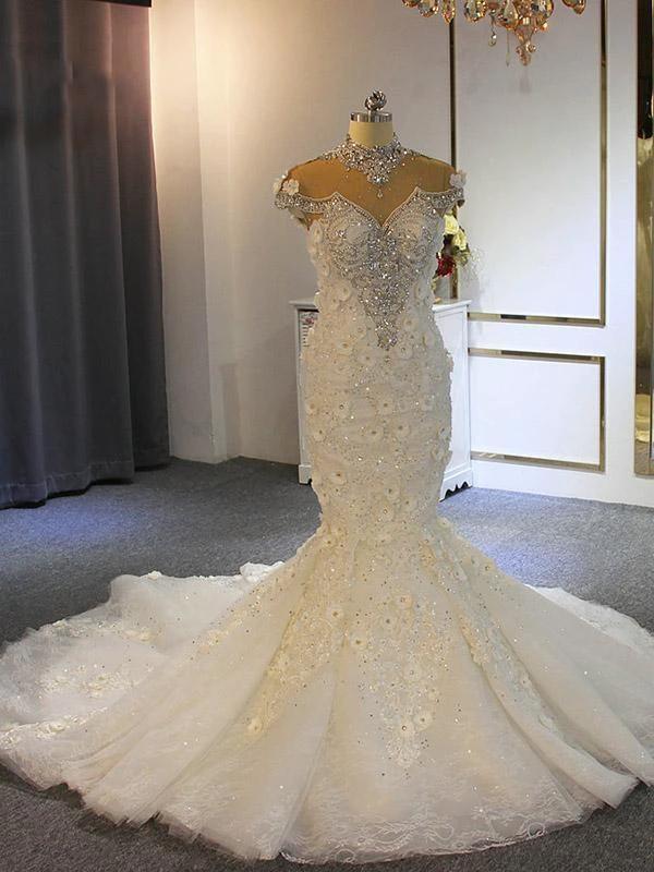 Luxury Long Mermaid Full Beading Lace Tulle Wedding Dresses by BIZTUNNEL