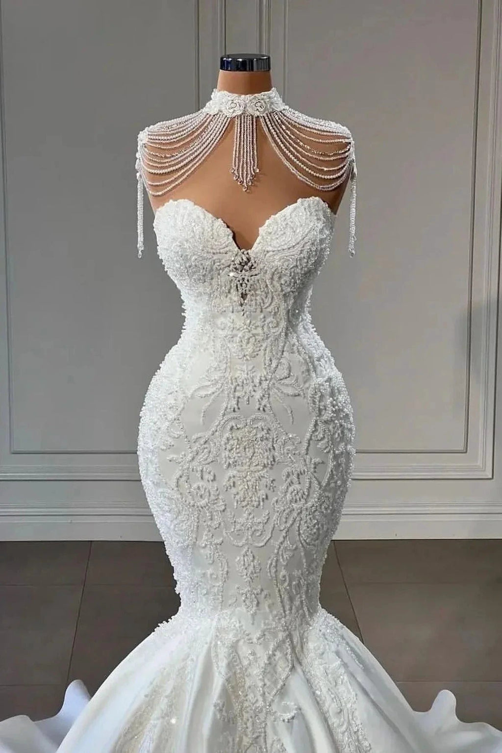 Luxury Long Mermaid Lace Sweetheart Satin Wedding Dress by BIZTUNNEL
