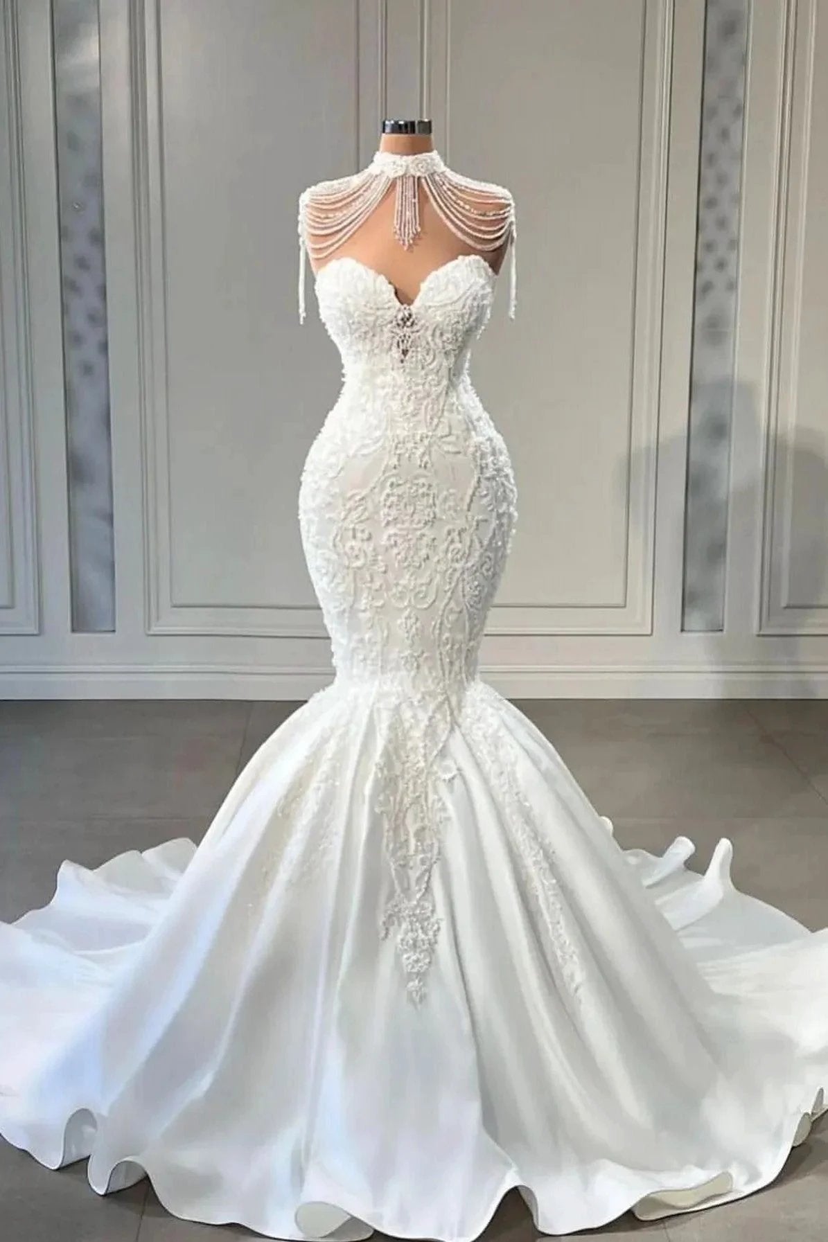 Luxury Long Mermaid Lace Sweetheart Satin Wedding Dress by BIZTUNNEL