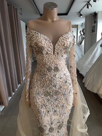 Vestido de fiesta largo de sirena de lujo con hombros descubiertos y mangas