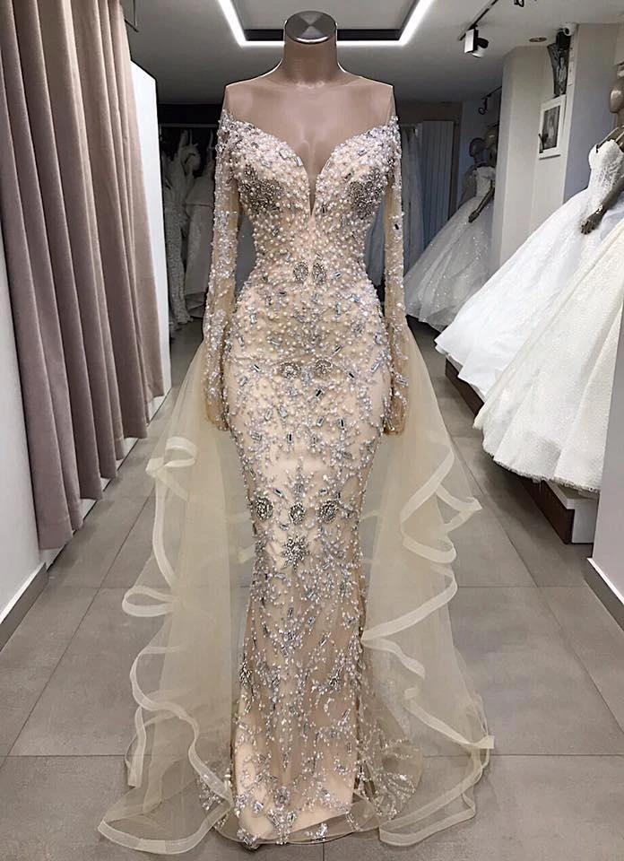 Luxury Long Mermaid Off the Shoulder Prom Dress with Sleeves by BIZTUNNEL