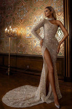 Luxury Long Mermaid One Shoulder Sequins Prom Dress With Slit by BIZTUNNEL