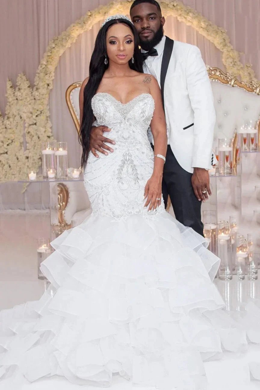Luxury Long Mermaid Sweetheart Strapless Ruffles Beaded Crystal Wedding Dress by BIZTUNNEL