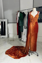 Luxury Long Mermaid V-neck Sleeveless Prom Dress With Train by misshow.com