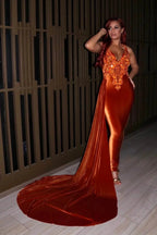 Luxury Long Mermaid V-neck Sleeveless Prom Dress With Train by misshow.com