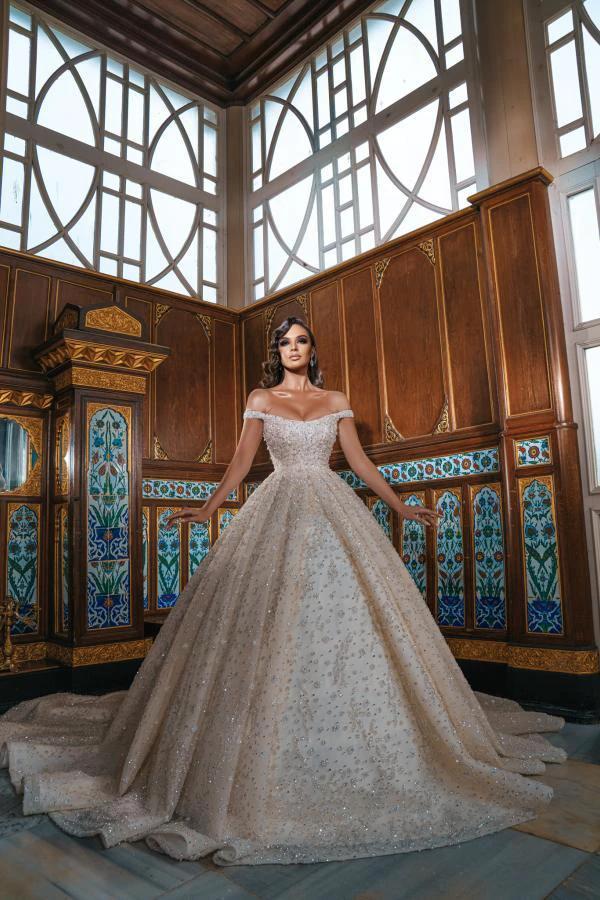 Luxury Long Princess Off-the-shoulder Sequined Wedding Dresses with slit by BIZTUNNEL