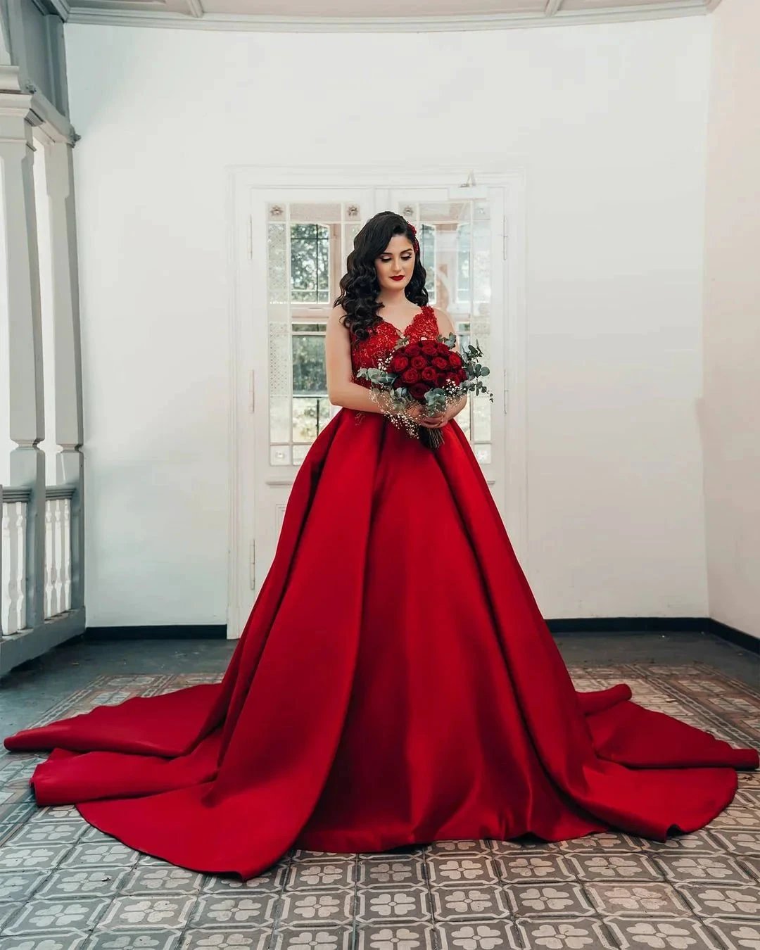 Luxury Long Princess Satin V-neck Wedding Dresses with Lace by BIZTUNNEL