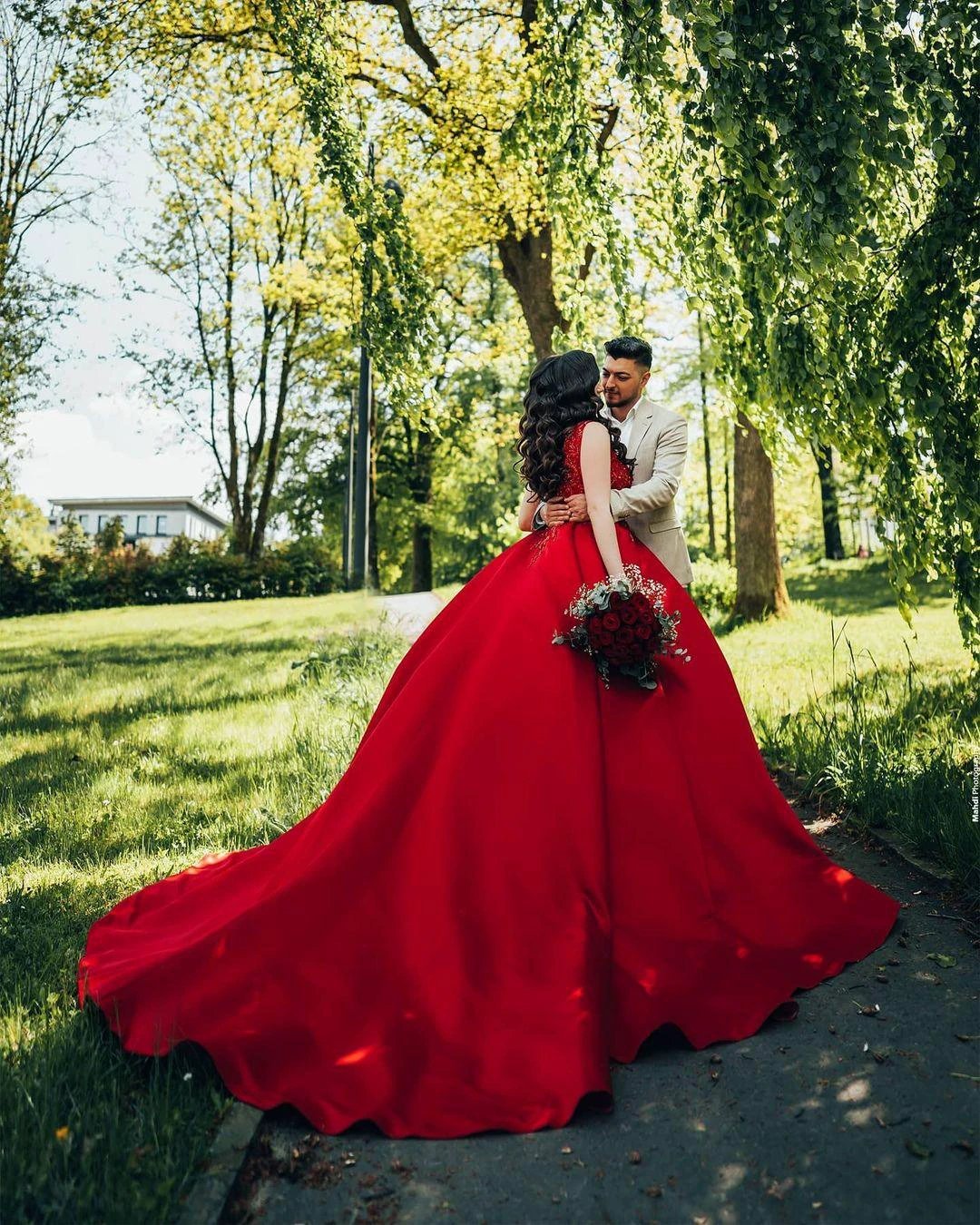 Luxury Long Princess Satin V-neck Wedding Dresses with Lace by BIZTUNNEL