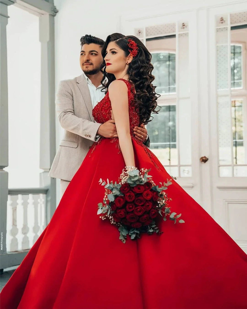 Luxury Long Princess Satin V-neck Wedding Dresses with Lace by BIZTUNNEL