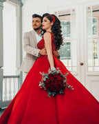 Luxury Long Princess Satin V-neck Wedding Dresses with Lace by BIZTUNNEL