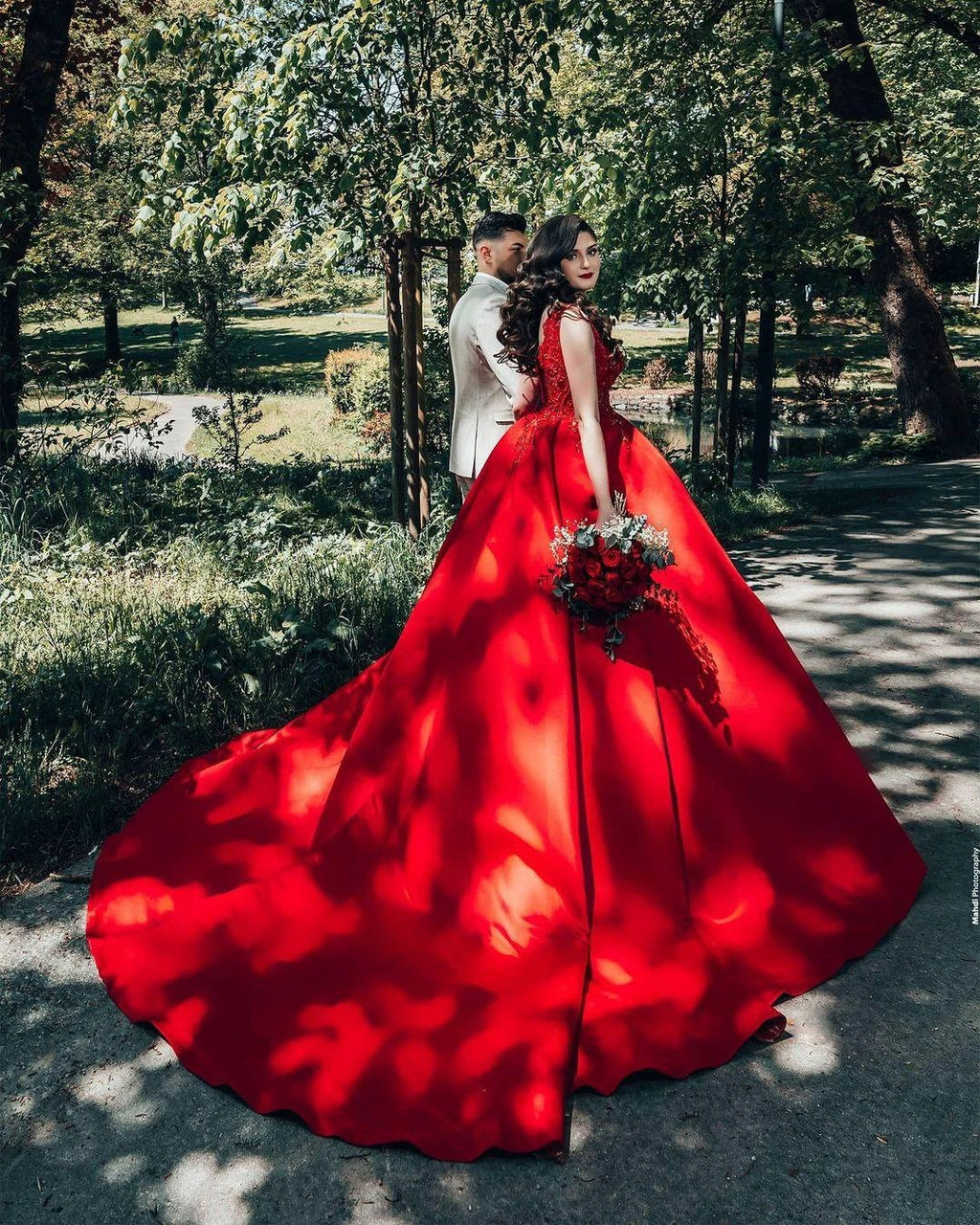 Luxury Long Princess Satin V-neck Wedding Dresses with Lace by BIZTUNNEL