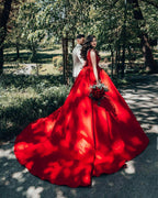 Luxury Long Princess Satin V-neck Wedding Dresses with Lace by BIZTUNNEL