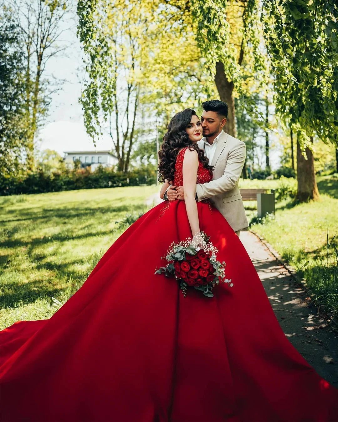 Luxury Long Princess Satin V-neck Wedding Dresses with Lace by BIZTUNNEL