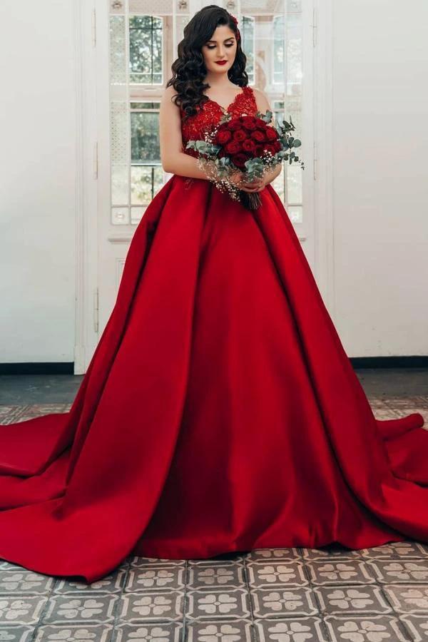 Luxury Long Princess Satin V-neck Wedding Dresses with Lace by BIZTUNNEL