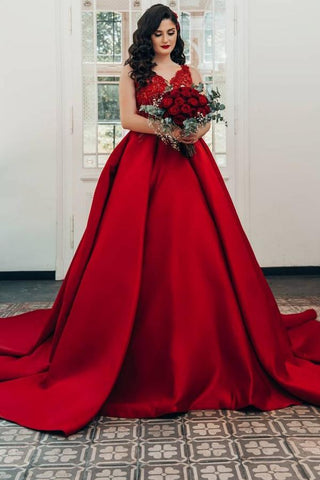 Luxury Long Princess Satin V-neck Wedding Dresses with Lace