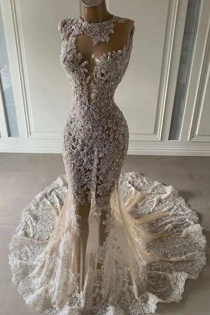 Luxury Long Sexy Mermaid Sleeveless Prom Dresses With Lace by misshow.com