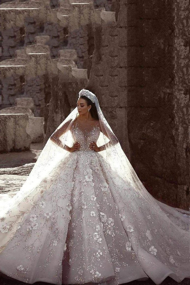 Luxury Long Sleeve Lace Ball Gown Beaded Wedding Dress by BIZTUNNEL