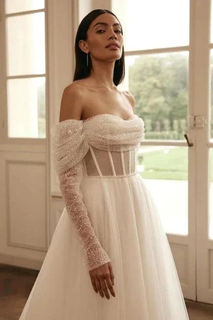 Luxury long sleeves a-line Off-the-shoulder Wedding dresses sequined by misshow.com