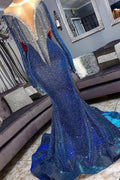 Luxury Mermaid Long Sleeve Shiny Blue Tassels Junior Prom Dresses with Court Train by misshow.com
