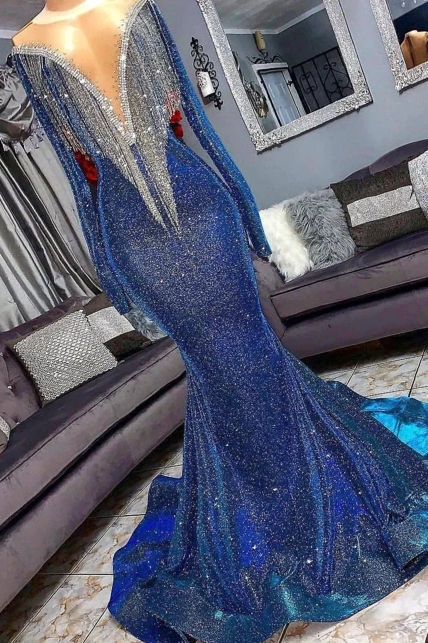 Luxury Mermaid Long Sleeve Shiny Blue Tassels Junior Prom Dresses with Court Train by misshow.com