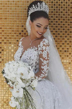 Luxury Mermaid Tulle Beaded Lace Wedding Dresses with Sleeves by BIZTUNNEL