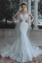 Luxury Mermaid Tulle Beaded Lace Wedding Dresses with Sleeves by BIZTUNNEL