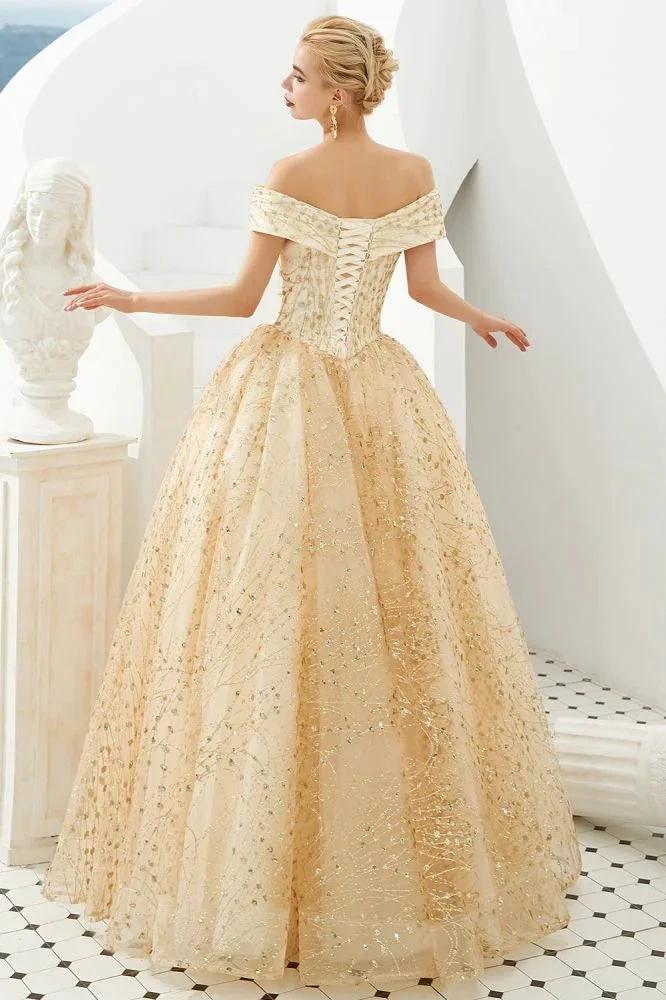 Luxury Off-the-Shoulder Tulle Ball Gown Sequins Princess Party Gown for Girls by misshow.com