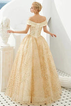 Luxury Off-the-Shoulder Tulle Ball Gown Sequins Princess Party Gown for Girls by misshow.com