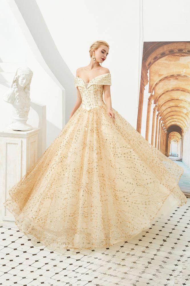 Luxury Off-the-Shoulder Tulle Ball Gown Sequins Princess Party Gown for Girls by misshow.com