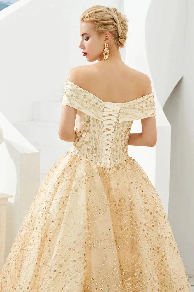 Luxury Off-the-Shoulder Tulle Ball Gown Sequins Princess Party Gown for Girls by misshow.com