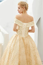 Luxury Off-the-Shoulder Tulle Ball Gown Sequins Princess Party Gown for Girls by misshow.com