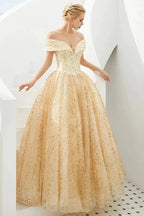 Luxury Off-the-Shoulder Tulle Ball Gown Sequins Princess Party Gown for Girls by misshow.com
