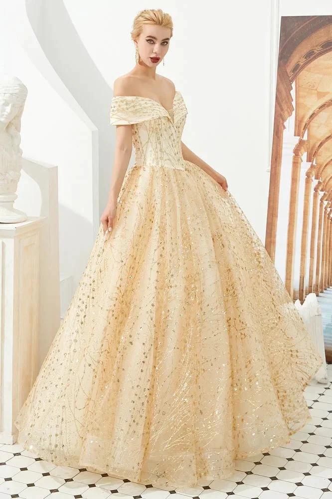 Luxury Off-the-Shoulder Tulle Ball Gown Sequins Princess Party Gown for Girls by misshow.com