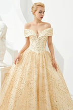 Luxury Off-the-Shoulder Tulle Ball Gown Sequins Princess Party Gown for Girls by misshow.com