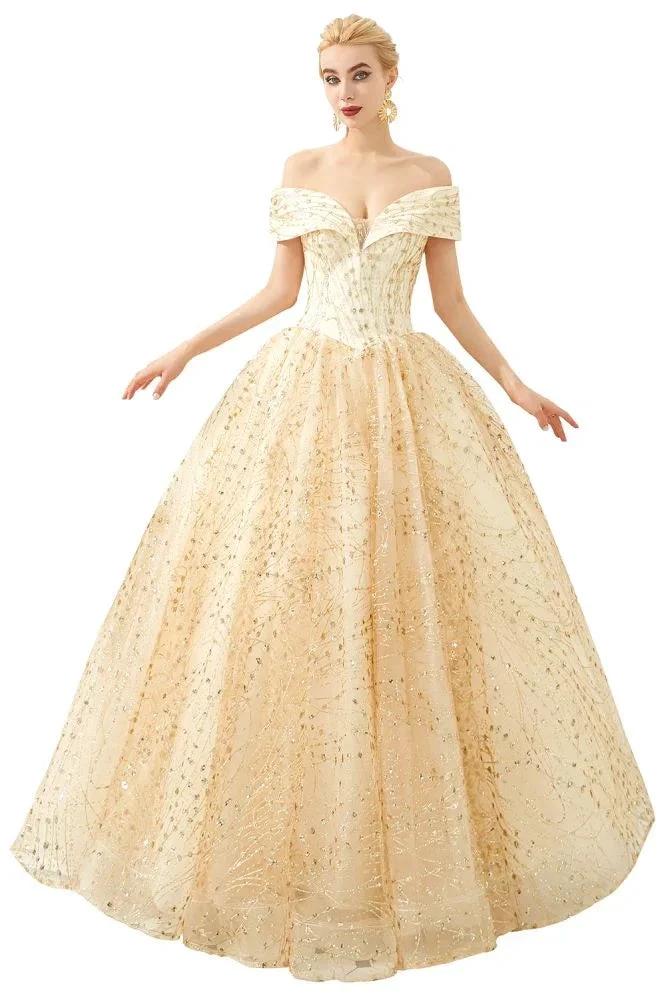 Luxury Off-the-Shoulder Tulle Ball Gown Sequins Princess Party Gown for Girls by misshow.com