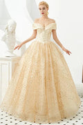 Luxury Off-the-Shoulder Tulle Ball Gown Sequins Princess Party Gown for Girls by misshow.com